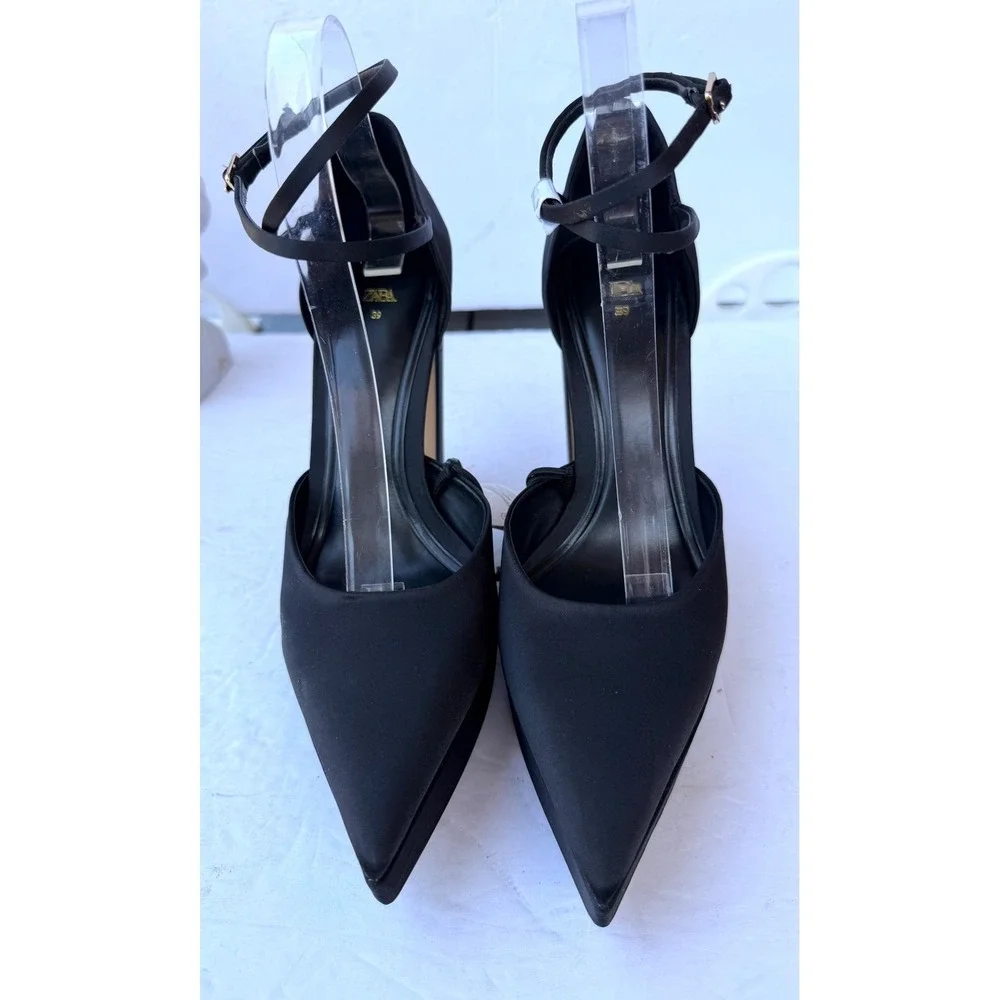 Zara Black NWT Crisscross Ankle Strap Satin Pointed Toe‎ Platform Hi Heel Pump 8
